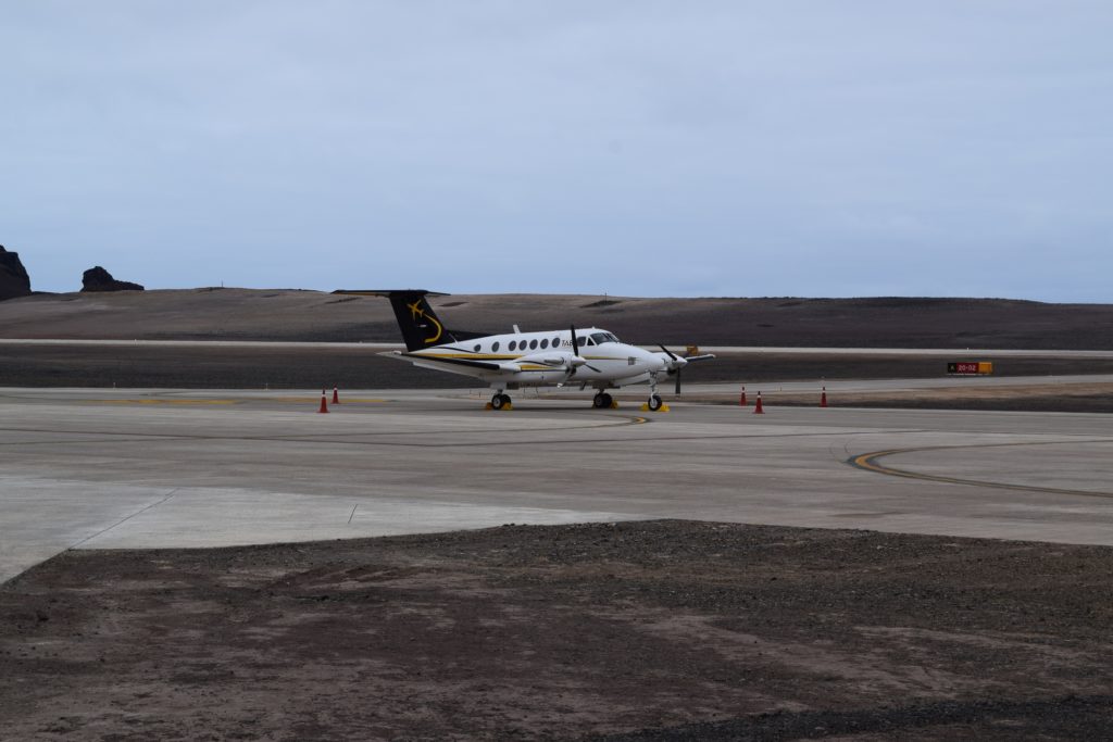 Photo of a Beechcraft 200 Super King Air aircraft parked on the apron at St Helena Airport